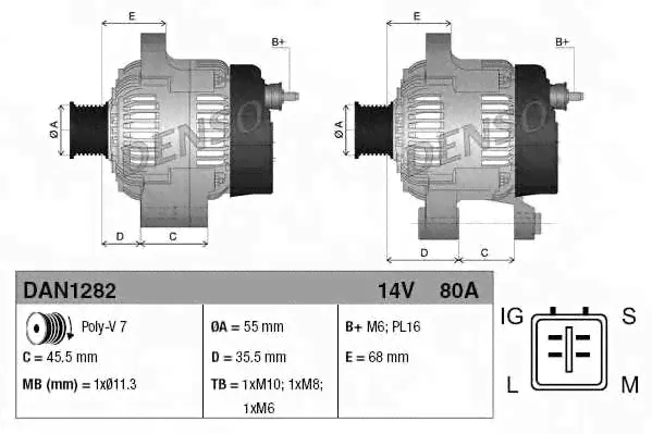 Генератор 80А для TOYOTA CAMRY(#XV3#, ACV3#,MCV3#) DENSO DAN1282-0